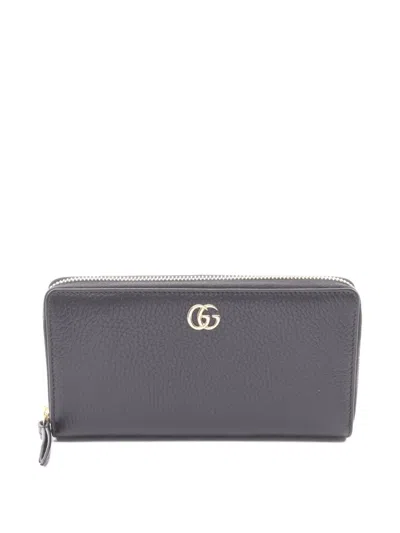 Pre-owned Gucci 2020s Petite Gg Marmont Zip-around Wallet In Black