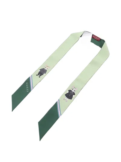 Pre-owned Gucci 2020s X Yuko Higuchi Cat-print Scarf In 绿色