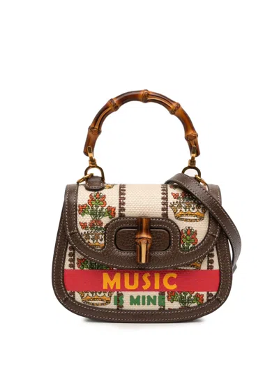 Pre-owned Gucci 2021 100th Anniversary Mini Canvas 1947 Bamboo Top Handle Bag Satchel In Neutral