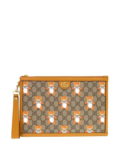 Pre-owned Gucci 2021 Limited Edition Kai Gg Supreme Teddy Bear Wristlet Clutch Bag In Neutral