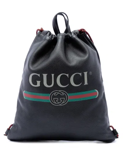 Pre-owned Gucci 2021-2026 Grained Calfskin Web Logo Drawstring Backpack In Black