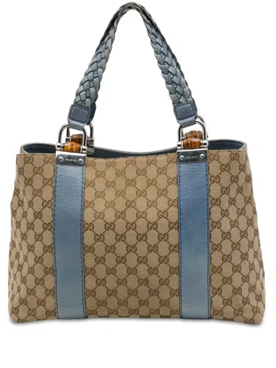 Pre-owned Gucci 2021-2026 Medium Gg Canvas Bamboo Libeccio Tote Bag In Neutrals