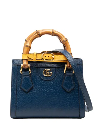 Pre-owned Gucci 2021-2026 Small Calfskin Bamboo Diana Satchel In Blue