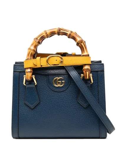 Pre-owned Gucci 2021-2026 Small Calfskin Bamboo Diana Satchel In Blue