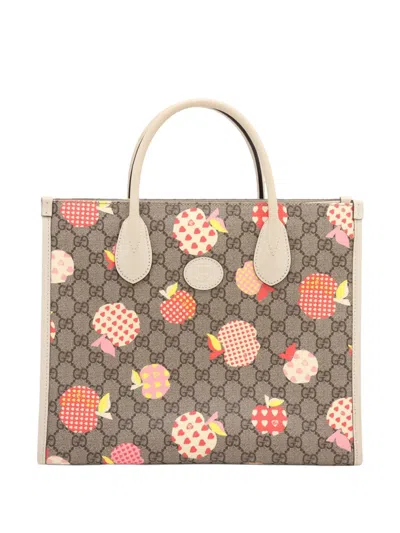 Pre-owned Gucci 2021-2026 Small Gg Supreme Les Pommes Tote Satchel In Neutrals