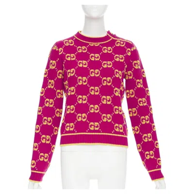 Pre-owned Gucci 2022 Magenta Yellow Wool Gg Monogram Jacquard Cropped Sweater Xs