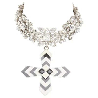 Pre-owned Gucci 2022 Runway Crystal Resin Enamel Byzantine Cross Pendant Choker Necklace In Multiple