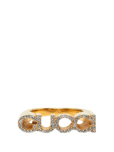 Pre-owned Gucci 2022-2023 Gold Plated Strass Logo Letter Ring S Costume Ring