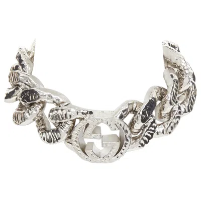 Pre-owned Gucci 2023 Runway Interlocking Gg Textured Silver Tone Brass Curb Chain Necklace In Multiple