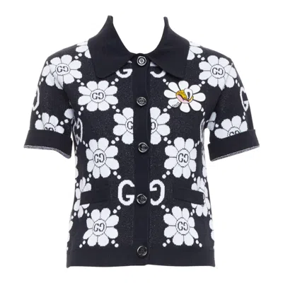 Pre-owned Gucci 2024 Black White Cotton Blend Floral Daisy Knit Polo Cardigan S