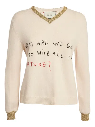 Pre-owned Gucci 2024 Lurex Embroidered Sweater In Neutral