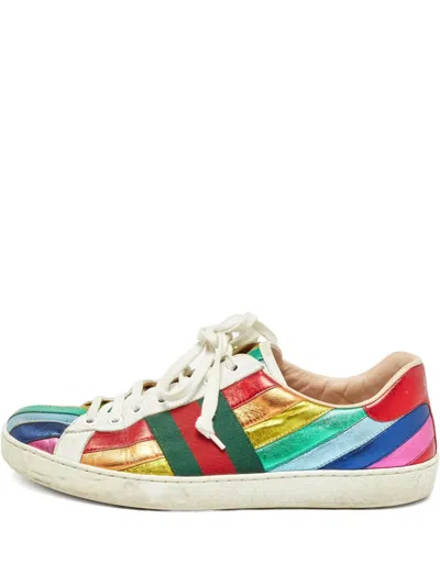 Pre-owned Gucci 2024 Rainbow Stripe Leather Sneakers In White