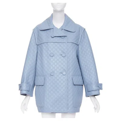 Pre-owned Gucci 2024 Runway All Over Embossed Gg Button Split Back Blue Leather Coat It38