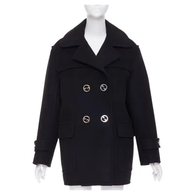 Pre-owned Gucci 2024 Runway G Gold Button Black Batavia Wool Double Breasted Coat It40 S