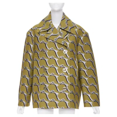 Pre-owned Gucci 2024 Runway Green Silver Heron Bird Jacquard Double Breasted Peacoat It40