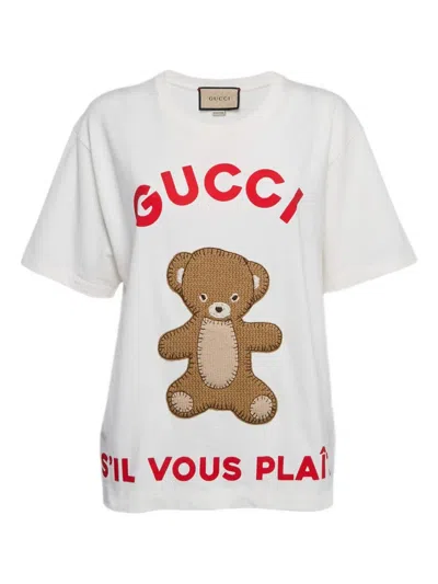 Pre-owned Gucci 2024 Teddy Bear-appliqué T-shirt In White