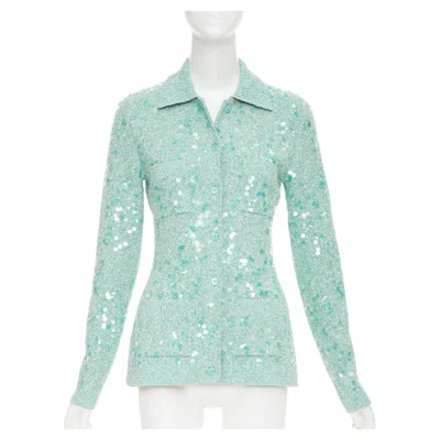 Pre-owned Gucci 2024 Tweed Blend Polo Acid Turquoise Sequin Knit Cardigan S In Blue