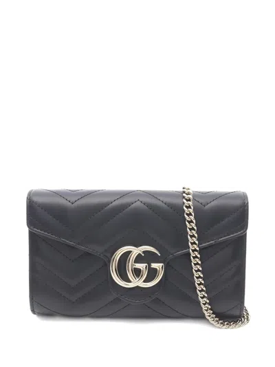 Pre-owned Gucci 20s Gg Marmont Chain Wallet In Black