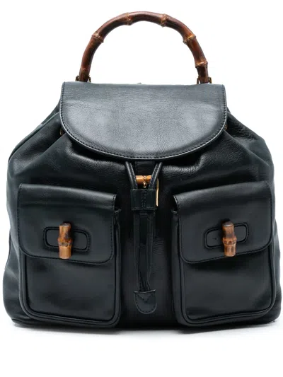 Pre-owned Gucci 20th Century Calfskin Bamboo Drawstring Backpack In Black