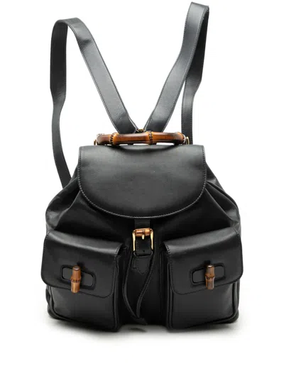 Pre-owned Gucci 20th Century Calfskin Bamboo Drawstring Backpack In Black