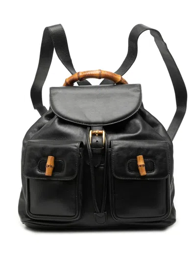 Pre-owned Gucci 20th Century Calfskin Bamboo Drawstring Backpack In Black