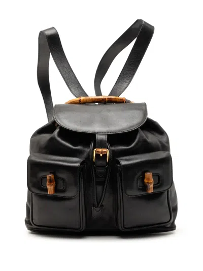 Pre-owned Gucci 20th Century Calfskin Bamboo Drawstring Backpack In Black