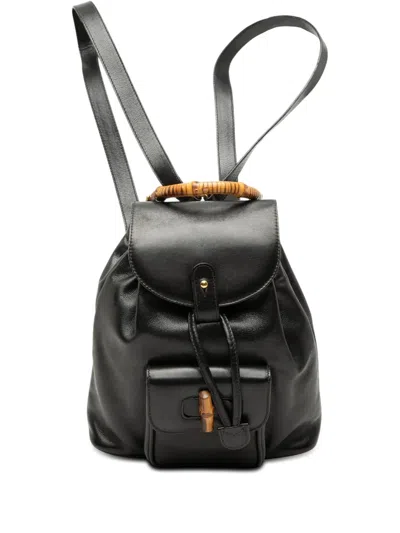 Pre-owned Gucci 20th Century Calfskin Bamboo Drawstring Backpack In Black