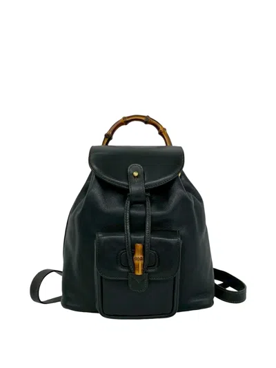 Pre-owned Gucci 20th Century Calfskin Bamboo Drawstring Backpack In Black