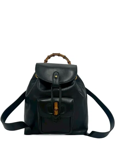 Pre-owned Gucci 20th Century Calfskin Bamboo Drawstring Backpack In Black