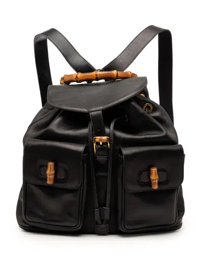 Pre-owned Gucci 20th Century Calfskin Bamboo Drawstring Backpack In Black
