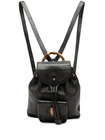 Pre-owned Gucci 20th Century Calfskin Bamboo Drawstring Backpack In Black