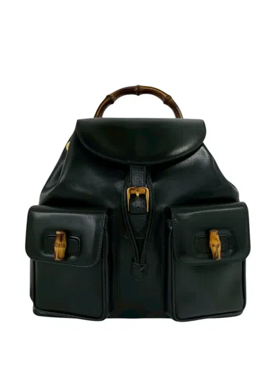 Pre-owned Gucci 20th Century Calfskin Bamboo Drawstring Backpack In Black