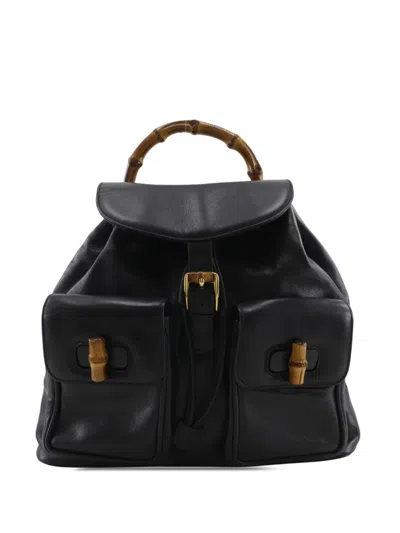 Pre-owned Gucci 20th Century Calfskin Bamboo Drawstring Backpack In Black