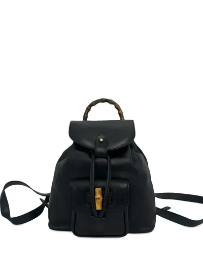 Pre-owned Gucci 20th Century Calfskin Bamboo Drawstring Backpack In Black