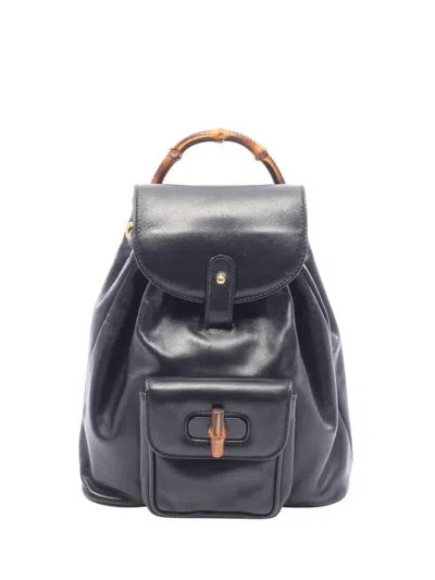 Pre-owned Gucci 20th Century Calfskin Bamboo Drawstring Backpack In Black