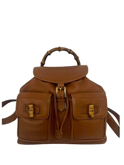 Pre-owned Gucci 20th Century Calfskin Bamboo Drawstring Backpack In Brown
