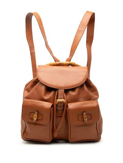 Pre-owned Gucci 20th Century Calfskin Bamboo Drawstring Backpack In Brown