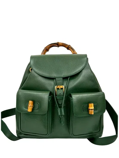 Pre-owned Gucci 20th Century Calfskin Bamboo Drawstring Backpack In Green