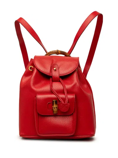 Pre-owned Gucci 20th Century Calfskin Bamboo Drawstring Backpack In Red