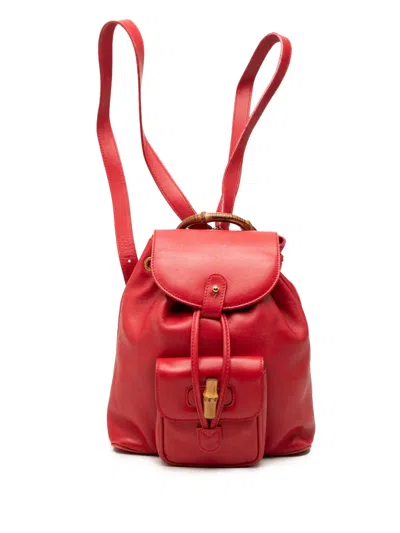 Pre-owned Gucci 20th Century Calfskin Bamboo Drawstring Backpack In Red