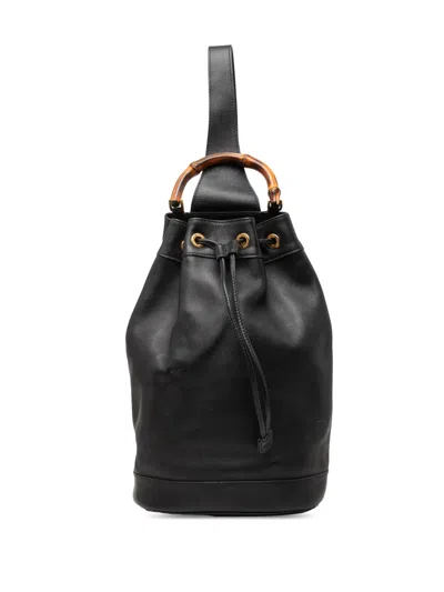 Pre-owned Gucci 20th Century Calfskin Bamboo Drawstring Sling Backpack In Black