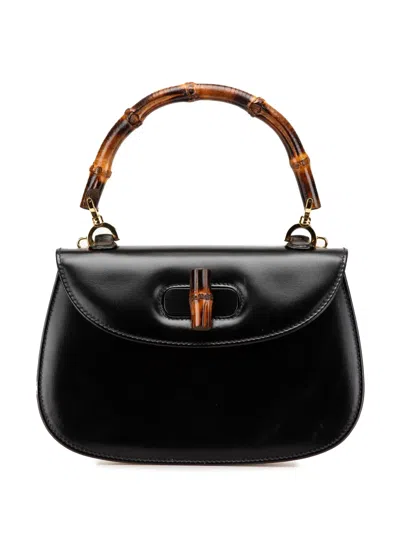 Pre-owned Gucci 20th Century Calfskin Bamboo Night Satchel In Black
