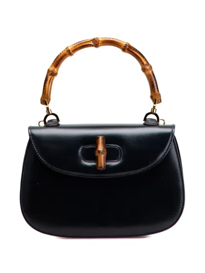 Pre-owned Gucci 20th Century Calfskin Bamboo Night Satchel In Black
