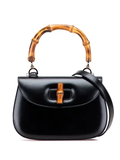 Pre-owned Gucci 20th Century Calfskin Bamboo Night Satchel In Black