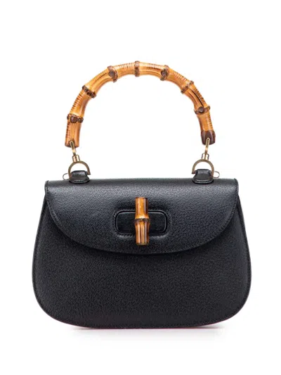 Pre-owned Gucci 20th Century Calfskin Bamboo Night Satchel In Black