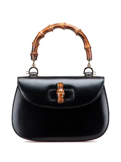 Pre-owned Gucci 20th Century Calfskin Bamboo Night Satchel In Black