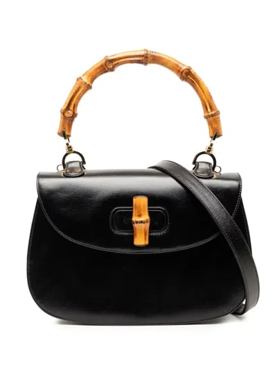 Pre-owned Gucci 20th Century Calfskin Bamboo Night Satchel In Black