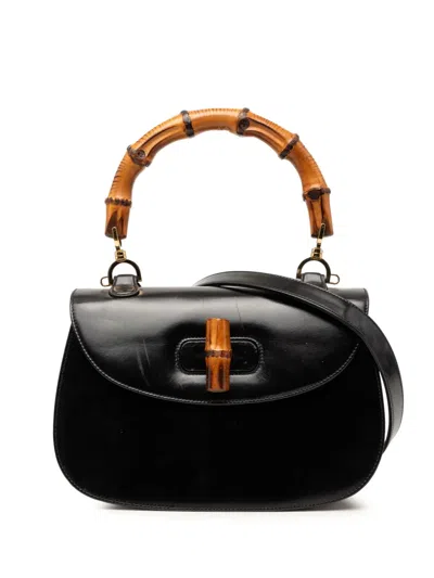 Pre-owned Gucci 20th Century Calfskin Bamboo Night Satchel In Black