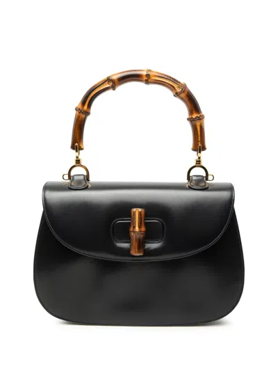 Pre-owned Gucci 20th Century Calfskin Bamboo Night Satchel In Black