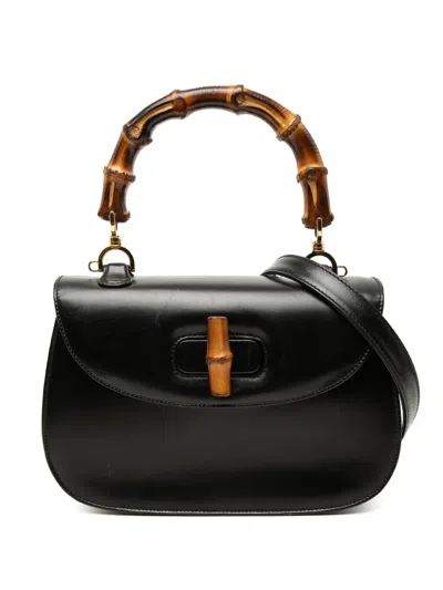 Pre-owned Gucci 20th Century Calfskin Bamboo Night Satchel In Black